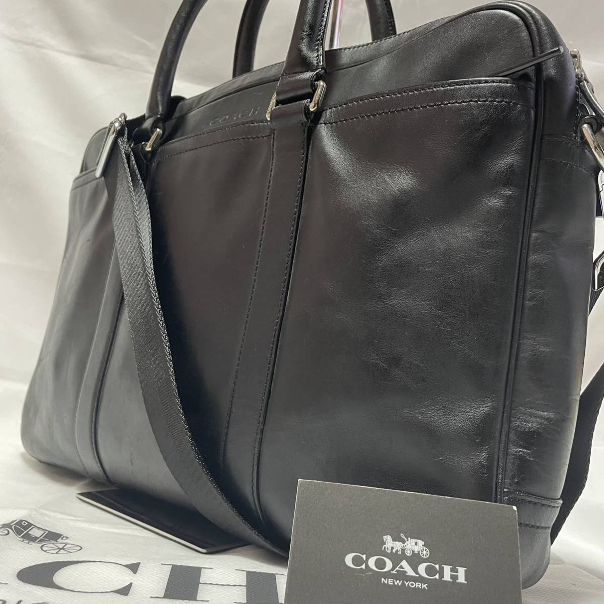 定価10万 COACH コーチ ビジネスバッグ 2way ブリーフケース トート ショルダーバッグ ブラック レザー メンズ 革 大容量 A4 斜め掛け 1円_画像1