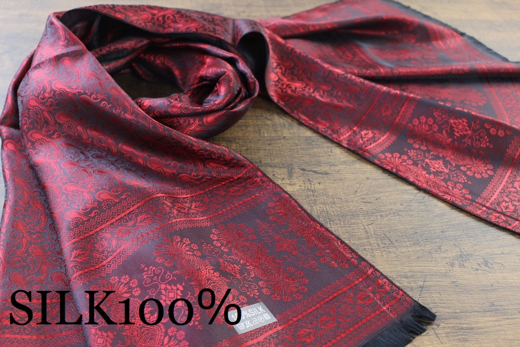 新品【シルク100% SILK】ペイズリー柄 シャインレッド 赤 S.RED 大判 ストール/スカーフ_画像1