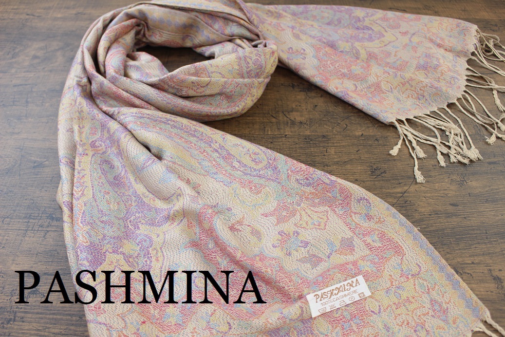 新品【パシュミナ Pashmina】ペルシャ柄 ベージュ系マルチカラー BEIGE 大判 ストール カシミア100% Cashmere_画像1