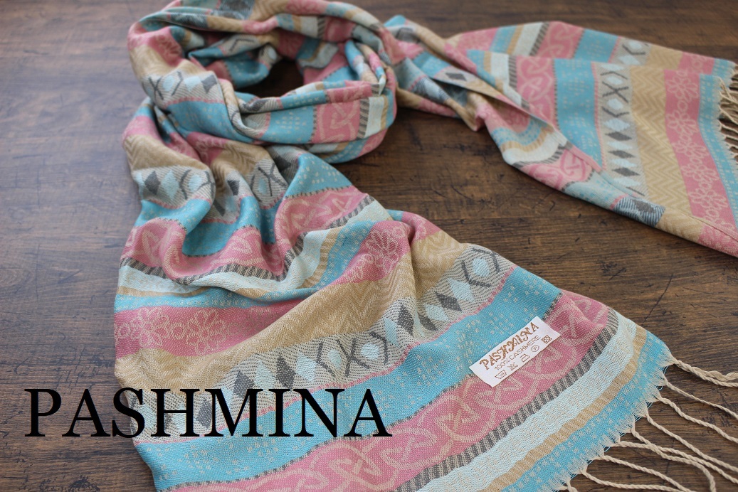 新品【パシュミナ Pashmina】フェアアイル柄 エメラルドグリーン系マルチカラー ピンク 大判 ストール カシミア100% Cashmere 訳あり_画像1