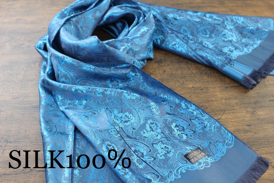 新品【シルク100% SILK】ペイズリー花柄 シャインブルー 青 S.BLUE 大判 ストール/スカーフ_画像1
