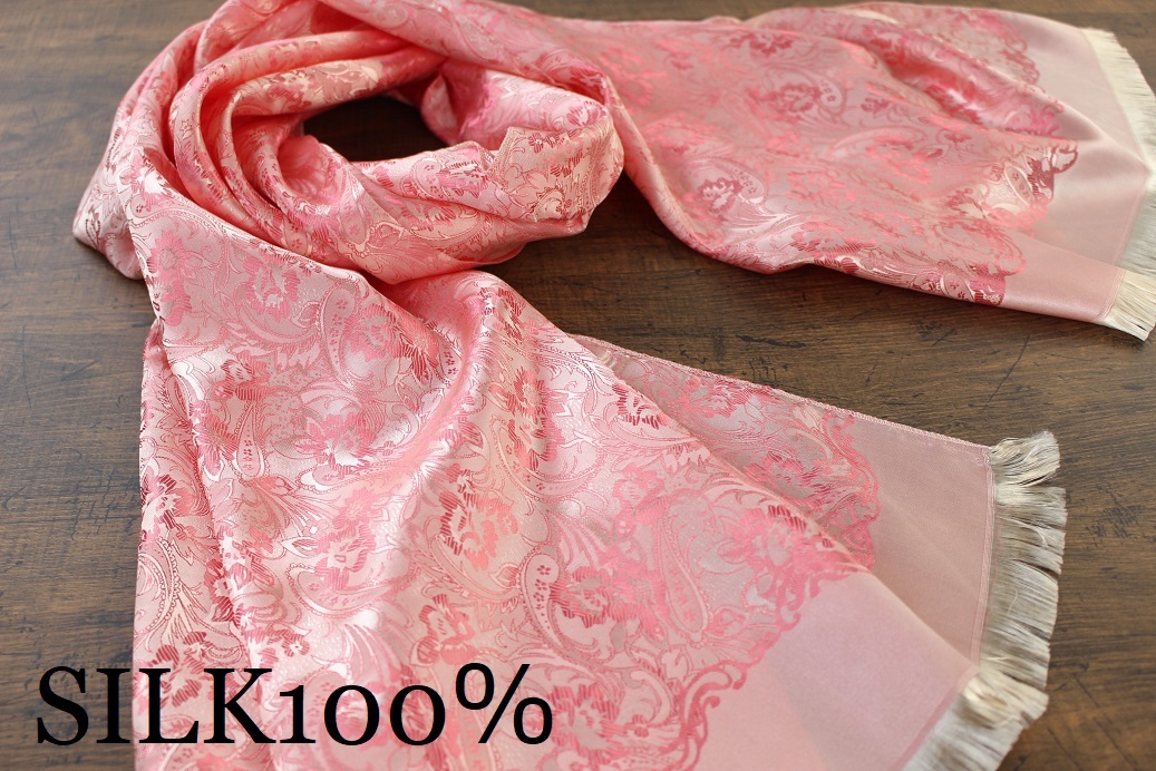 新品【シルク100% SILK】ペイズリー花柄 シャインピンク S.PINK 大判 ストール/スカーフ_画像1