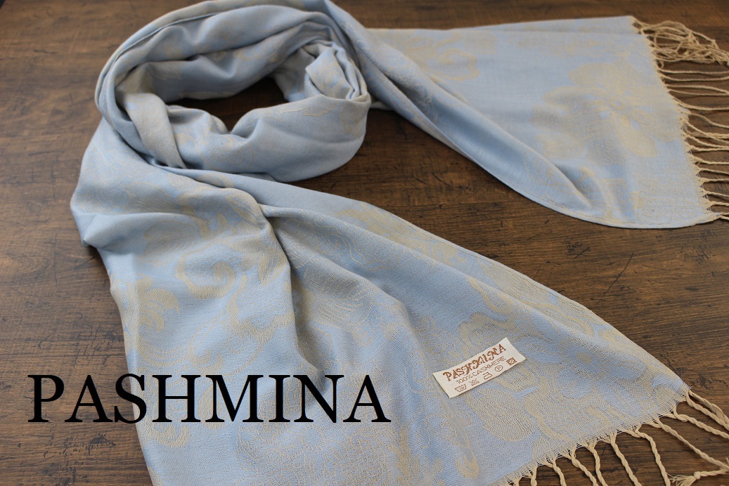 新品【パシュミナ Pashmina】BIGフラワー柄 ライトブルー×ベージュ L.BLUE×BEIGE 大判 ストール カシミア100% Cashmere_画像1