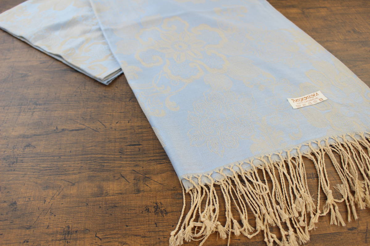 新品【パシュミナ Pashmina】BIGフラワー柄 ライトブルー×ベージュ L.BLUE×BEIGE 大判 ストール カシミア100% Cashmere_画像3