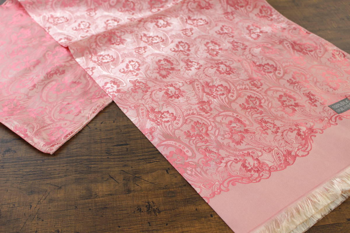 新品【シルク100% SILK】ペイズリー花柄 シャインピンク S.PINK 大判 ストール/スカーフ_画像3