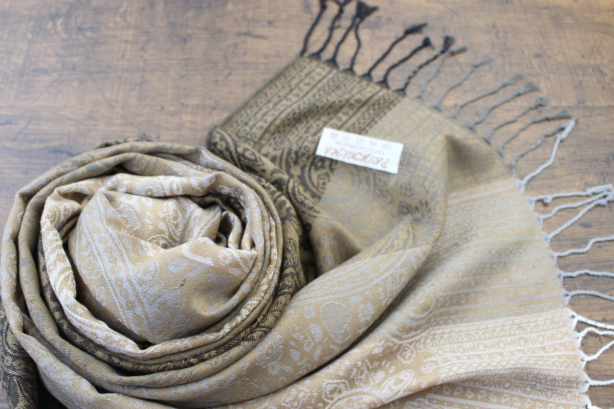 新品【パシュミナ Pashmina】ペイズリー柄 ベージュ系グラデーション BEIGE 大判 ストール カシミア100% Cashmere_画像2