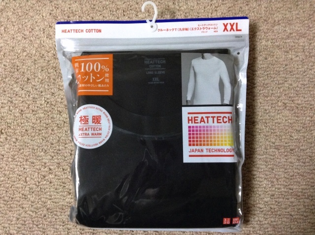 ★新品★ユニクロ 極暖 メンズ ヒートテックコットン クルーネックTシャツ 九分袖 黒 ブラック XXL 下着 アンダーウエア UNIQLO 371-443103_画像1