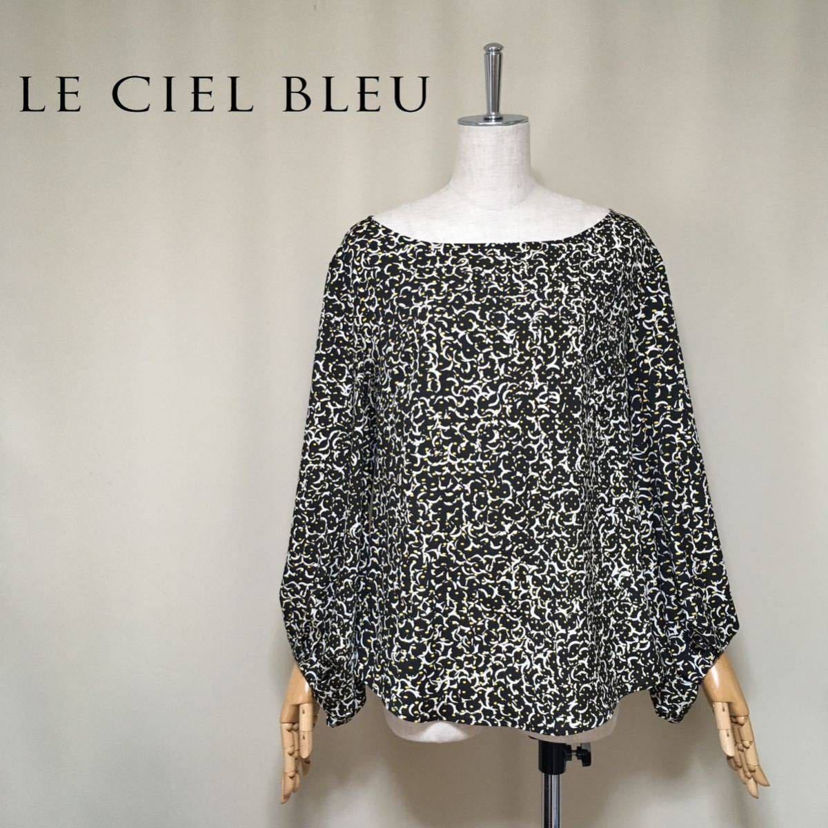 【美品】LE CIEL BLEU ルシェルブルー 総柄 とろみブラウス 40/Lサイズ相当 ブラック×イエロー レディース トップス 日本製_画像1