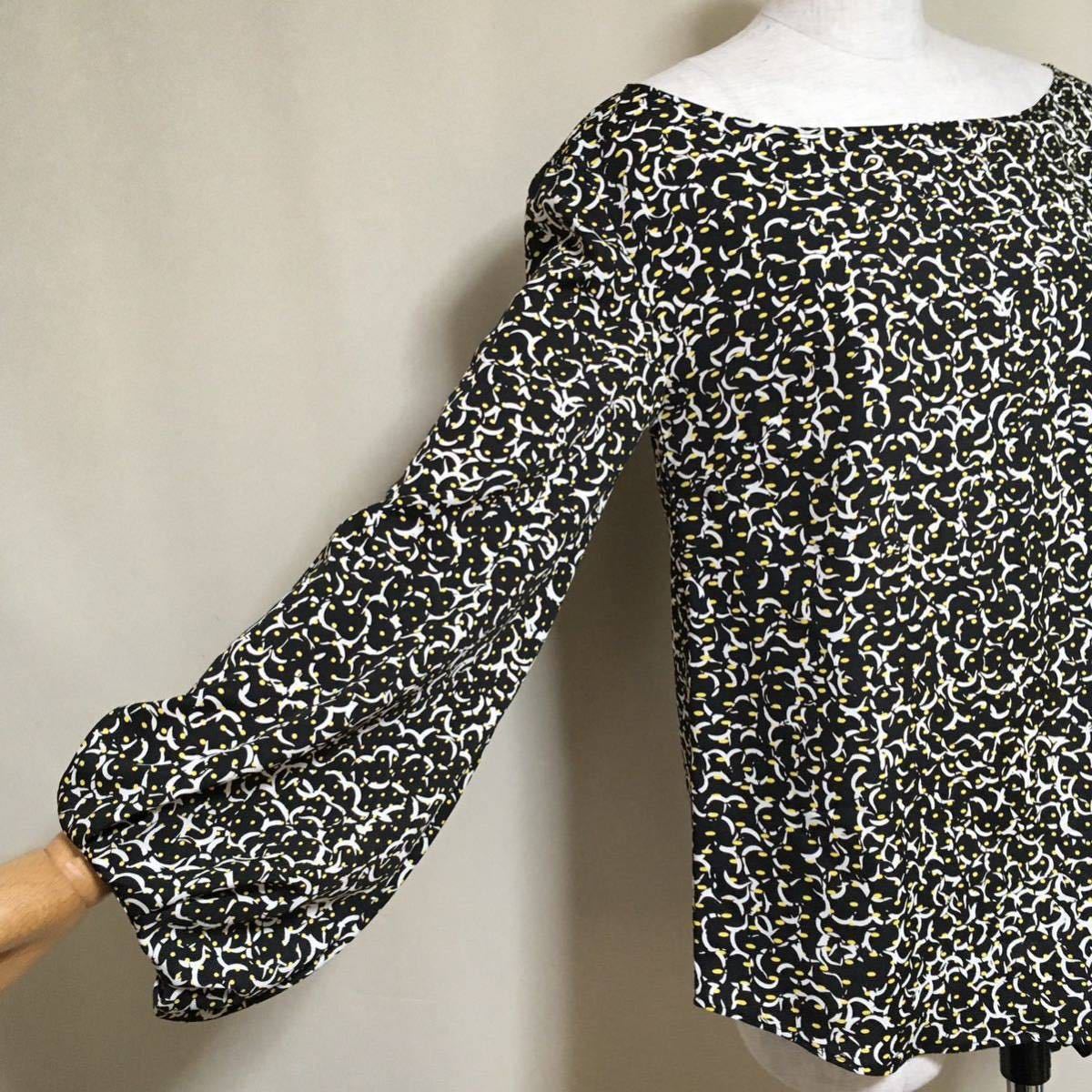 [ beautiful goods ]LE CIEL BLEU Le Ciel Bleu total pattern ... blouse 40/L size corresponding black × yellow lady's tops made in Japan 