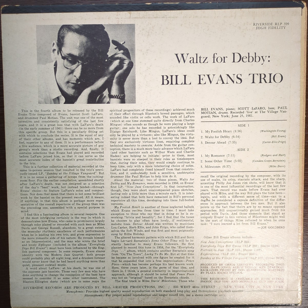 US original MONO wide DG bill evans ビル・エヴァンス Waltz for Debby rlp399 Riverside 溝 analog record レコード LP アナログ vinyl_画像7
