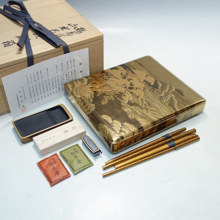2309034[ wheel island paint Japan industrial arts . regular member . island . male work ] landscape lacqering inkstone case .. rice field middle .. paper pear metal lacqering lacquer paper tool . original silver weight smoke . writing brush seal sword 