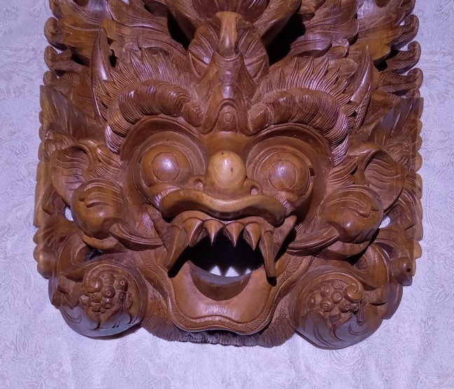 置物 / お面 マスク 木彫 大型 28cm 聖獣神バロン バリ島 インドネシア 魔除 神様 ガルーダ 壁飾り 古民家 カフェ e142_画像2