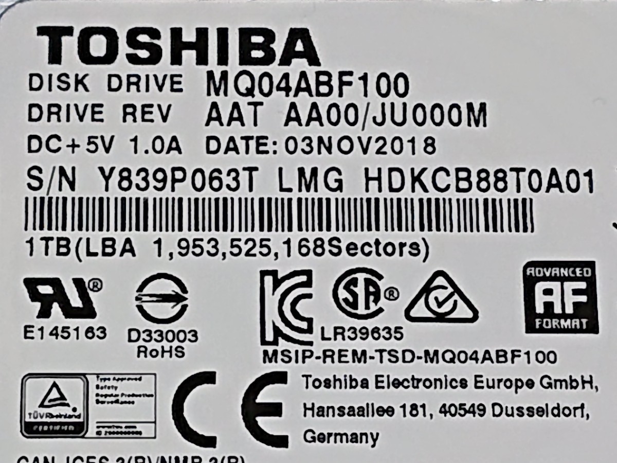 TOSHIBA 東芝 内蔵 HDD 2.5インチ MQ04ABF100 1.0TB_画像3