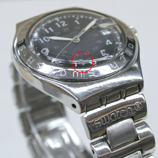 動作確認済み SWATCH IRONY AG 2003 クオーツ式腕時計 3針 デイト ブラック文字盤 ステンレススチール 純正ブレス 電池切れ 札幌市 清田区_カケがあります