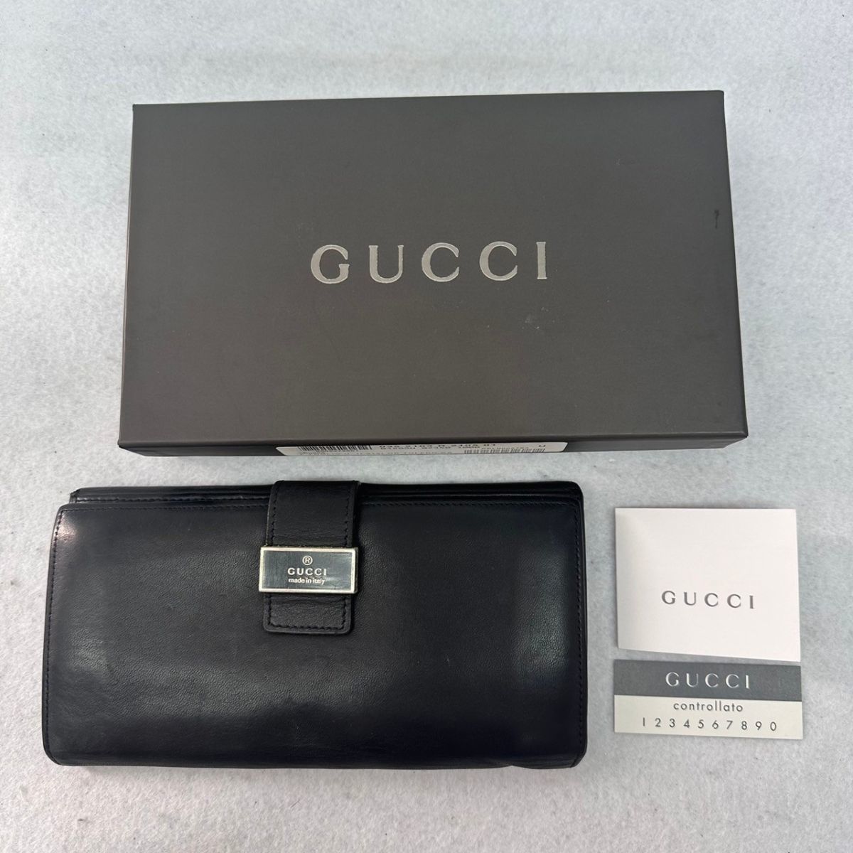 H659-D4-74 ◎ GUCCI グッチ 035.0416.2103 レザー 二つ折り 長財布 ウォレット 札入れ 小銭入れ ブラック 箱付き 約10×19×1.5cm ②_画像1