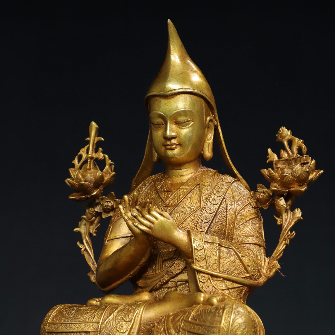 『館蔵珍品 銅製 塗金 宗喀巴像』置物 賞物 貴重物品 収蔵品 中国古美術