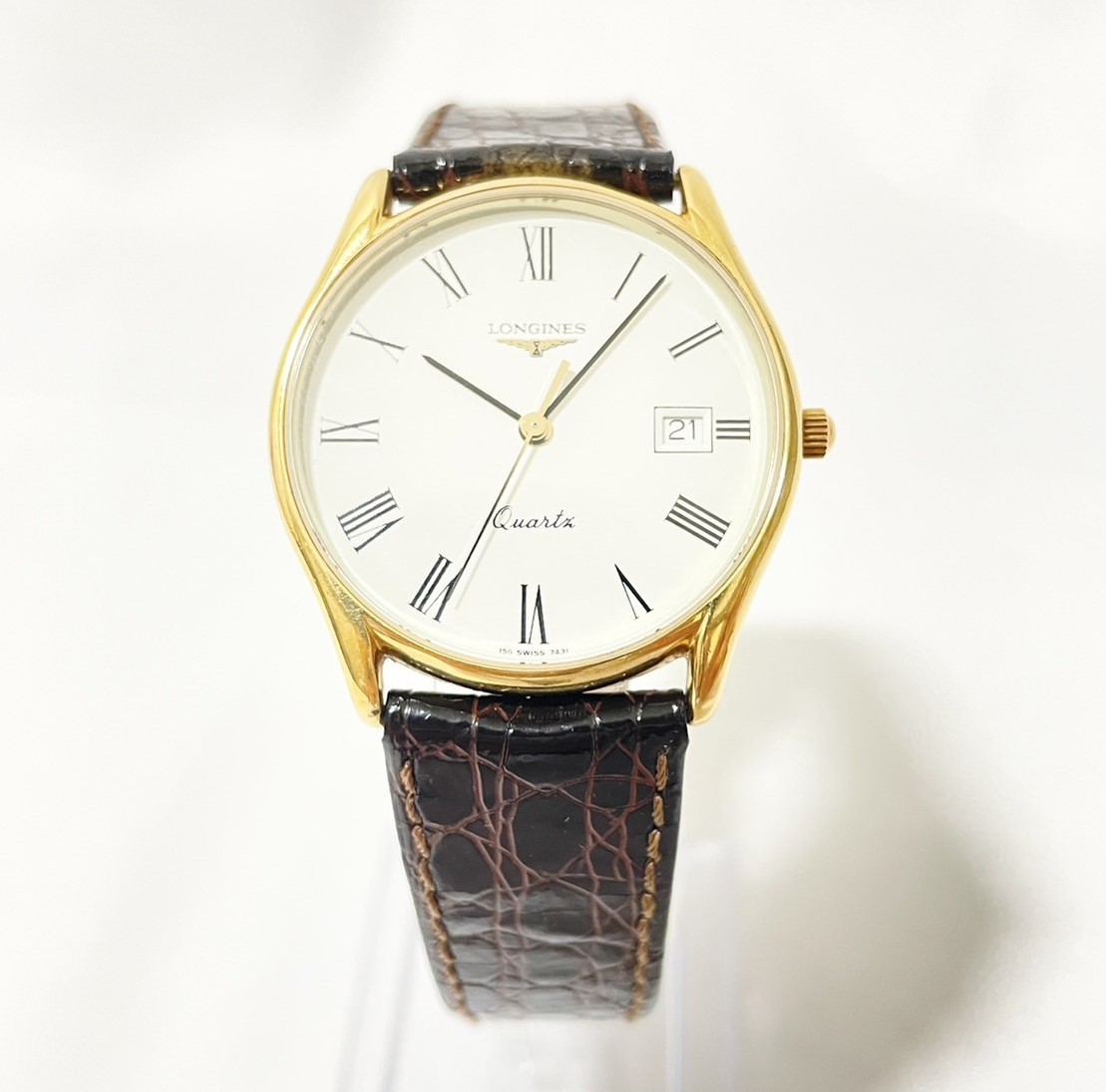 【AS 18966】1円スタート LONGINES ロンジン グランドクラシック 7431 時計 クオーツ 不動品 白文字盤 経年劣化 ケース付 ジャンク 現状品_画像1