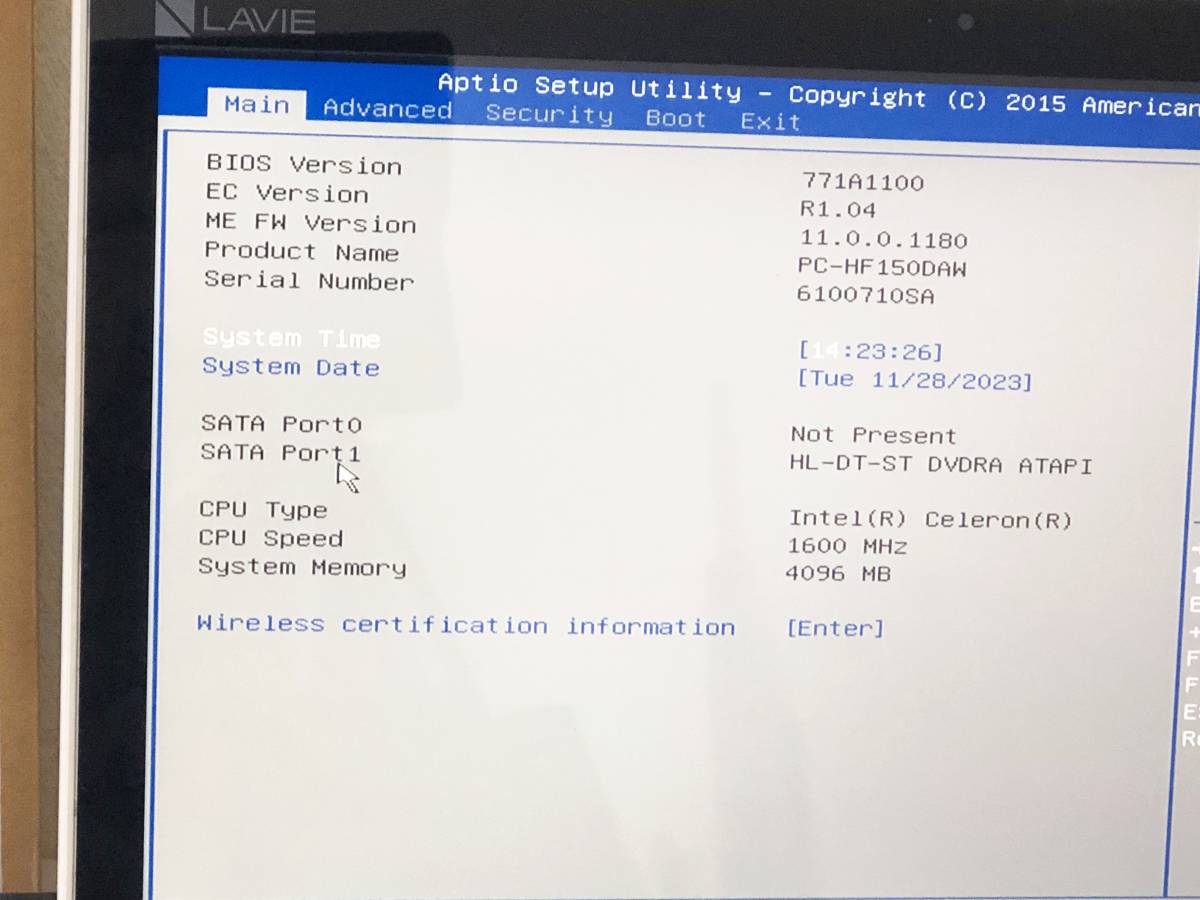 NEC LAVIE パーソナルコンピュータ PC-HF150DAW Celeron 1600MHz メモリ4GB ストレージ無し 現状品_画像6