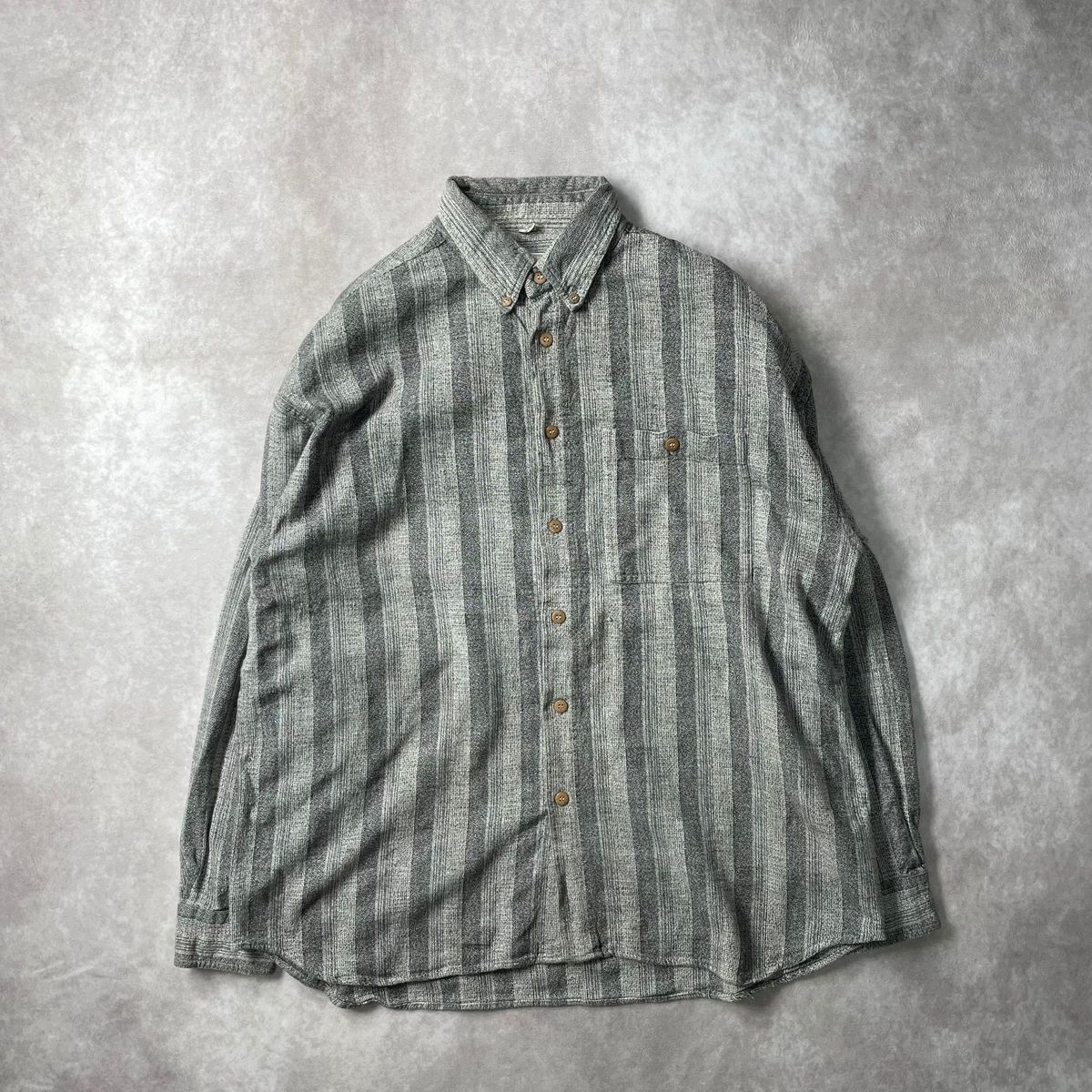 ユーロヴィンテージ 70s〜80sストライプ BDシャツ ウッドボタン L