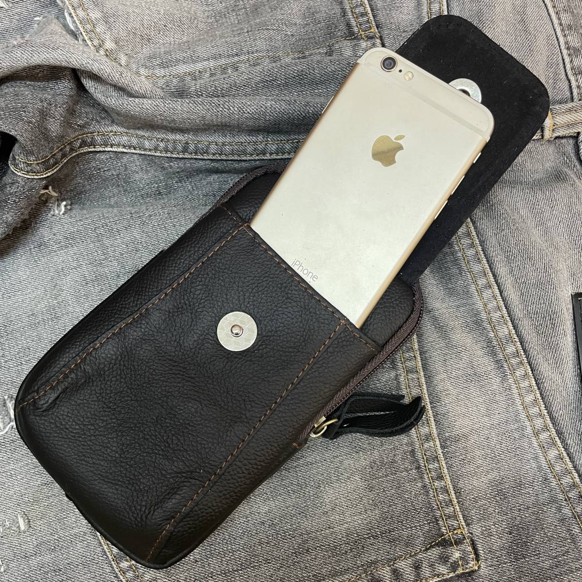 新品 本革 レザー ウエストバック ベルトポーチ 携帯電話ポケット スマホ iPhone ナスカン カラビナ 磁石 小物入れ 黒 ブラック 送料無料