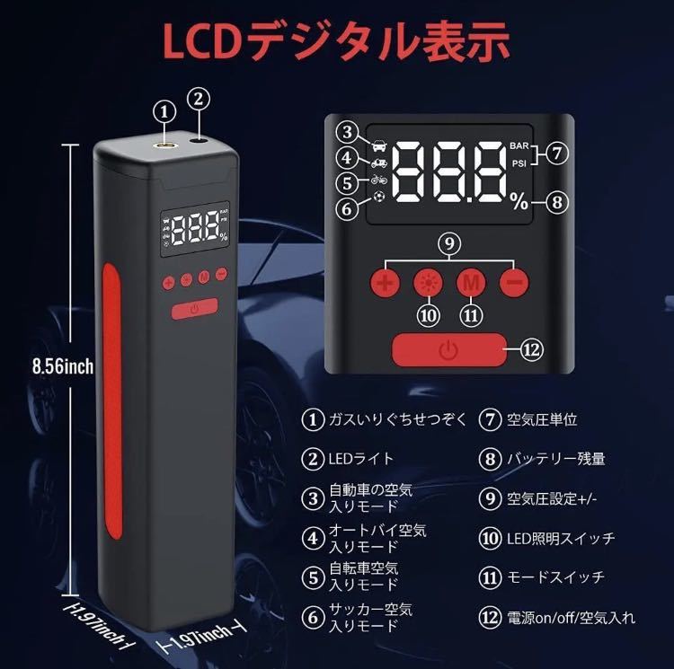 電動エアーポンプ コードレス 自転車空気入れ 充電式 エアコンプレッサー バッテリー大容量6000mAh 最大圧力150PSI LED懐中ライト付 12V_画像1