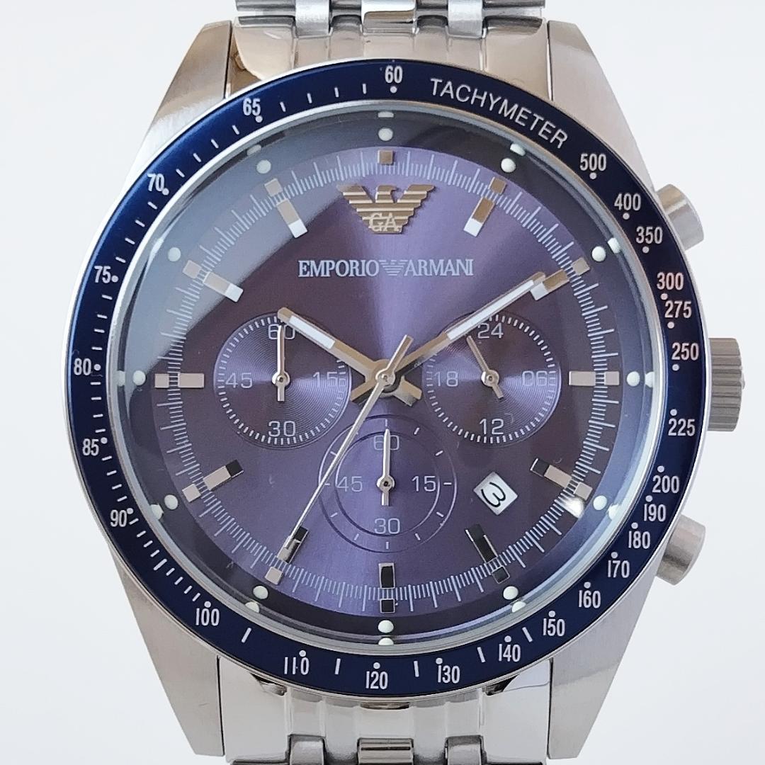 シルバー/ネイビー新品エンポリオ・アルマーニ46mmメンズ腕時計ブルースポーティ Emporio Armani メンズウォッチ 箱付 かっこいい