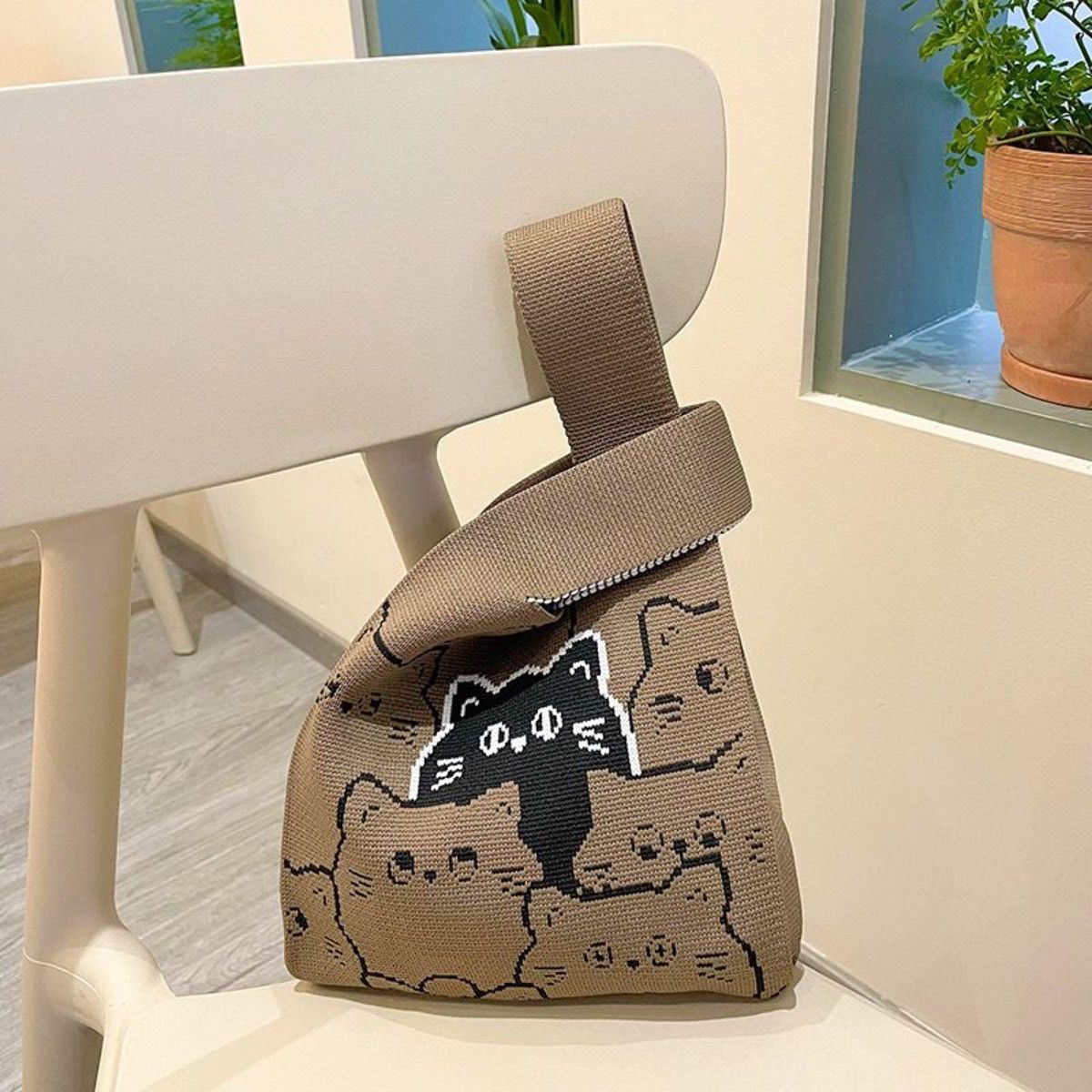 新品 トートバッグ ニットバッグ エコバッグ 韓国 風 黒猫 ニット 人気ニットバッグ ミニバッグ