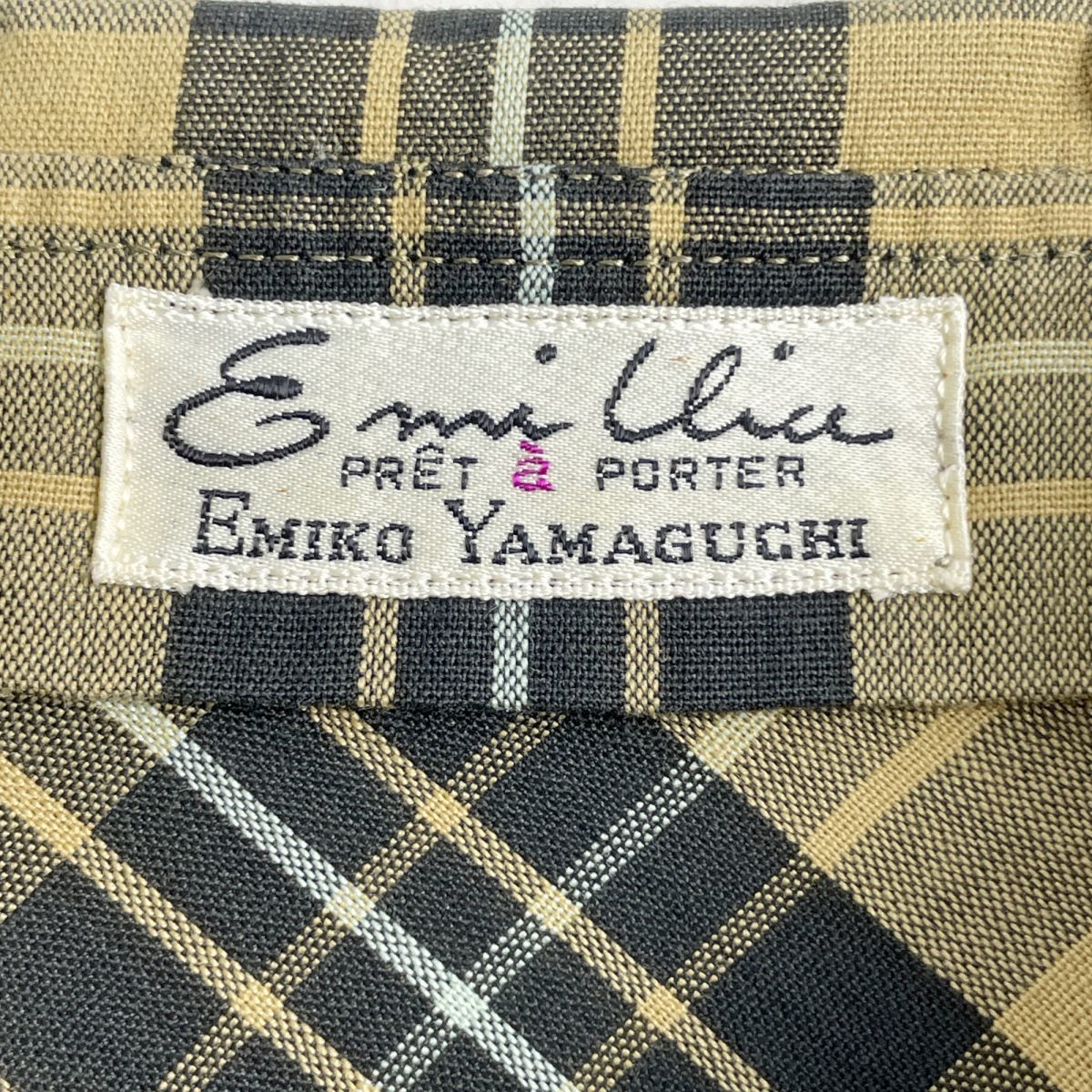 美品 ERIKO YAMAGUCHI エミコヤマグチ チェック 襟付き長袖ブラウスシャツ トップス レディース ブラウン系 サイズ9*IC304_画像5