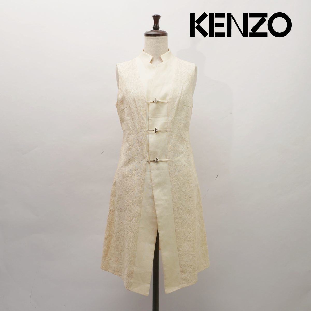 新品未使用 KENZO ケンゾー リネン100% チャイナ風 ノースリーブロングベスト 総刺繍 トップス レディース 白 アイボリー サイズ38*IC242