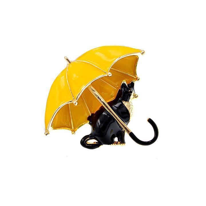 S2370 【動物】 上品 黄色傘＆黒猫 2WAY ペンダントトップ兼ブローチ