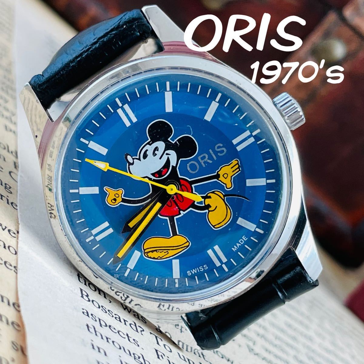 ■美品！カワイイ■大人気/オリス/ORIS/手巻きメンズ腕時計/1970’sビンテージ/アンティークウォッチ/35㎜/青/ミッキーマウス_画像1