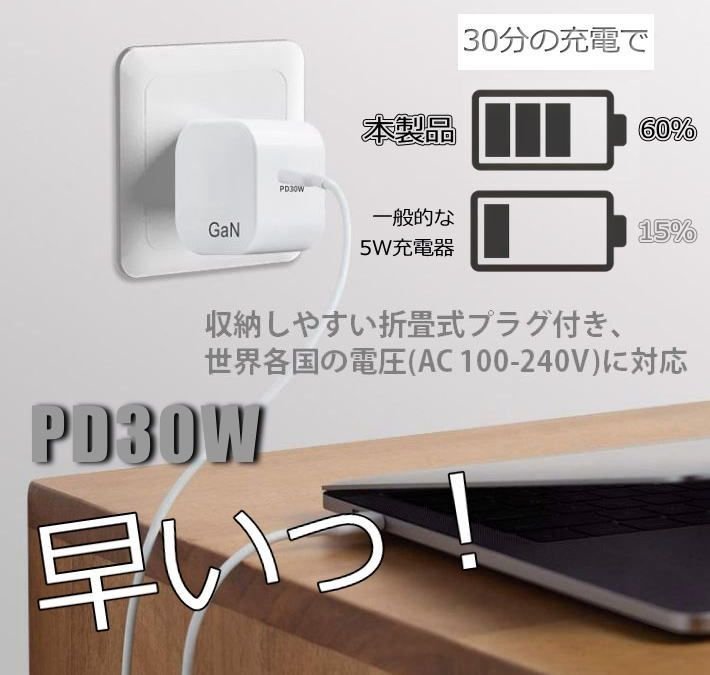 充電器 タイプC iphone ipad 2mケーブル PD30W アイコス IQOS イルマ アダプター 7987323 TYPE-C/TYPE-C ホワイト 新品 1円 スタート_画像4