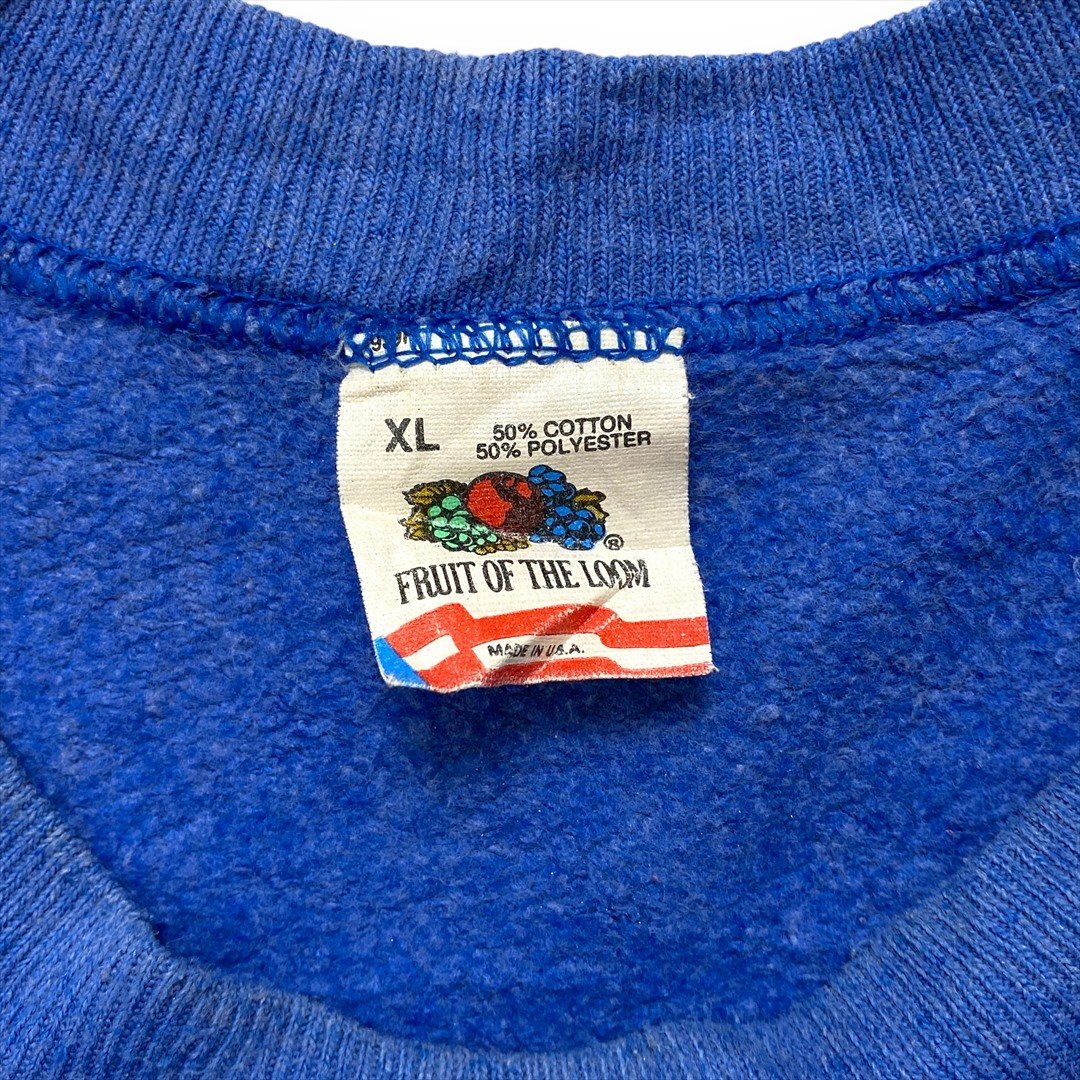 フルーツオブザルーム スウェット ブルー FRUIT OF THE LOOM 古着 メンズ XL USA製 プリント ロゴ センター 袖リブ_画像2
