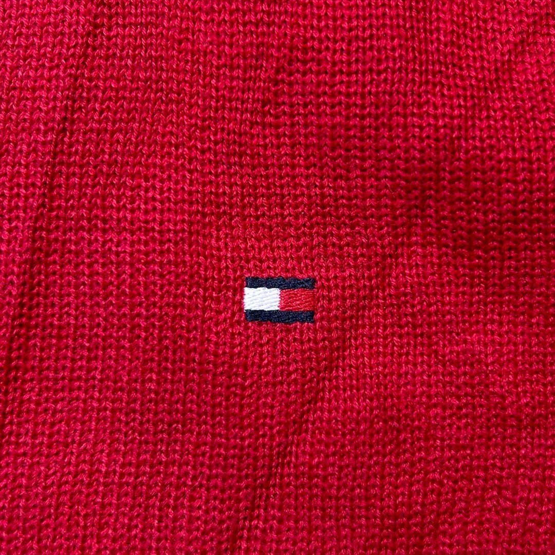 トミーヒルフィガー ニット セーター レッド TOMMY HILFIGER 古着 メンズ M ハーフジップ モックネック 刺繍 ロゴ_画像5