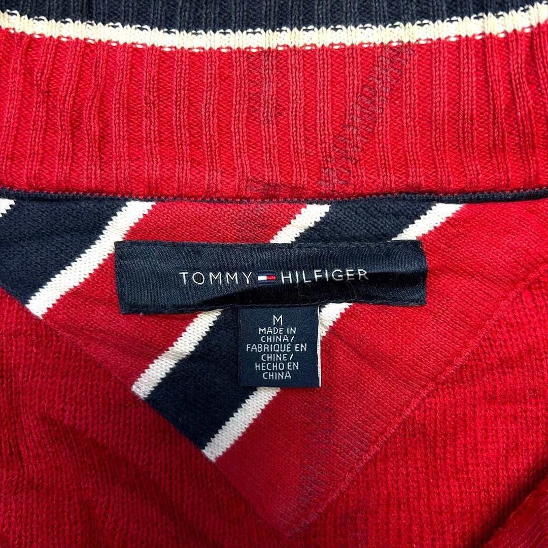 トミーヒルフィガー ニット セーター レッド TOMMY HILFIGER 古着 メンズ M ハーフジップ モックネック 刺繍 ロゴ_画像2