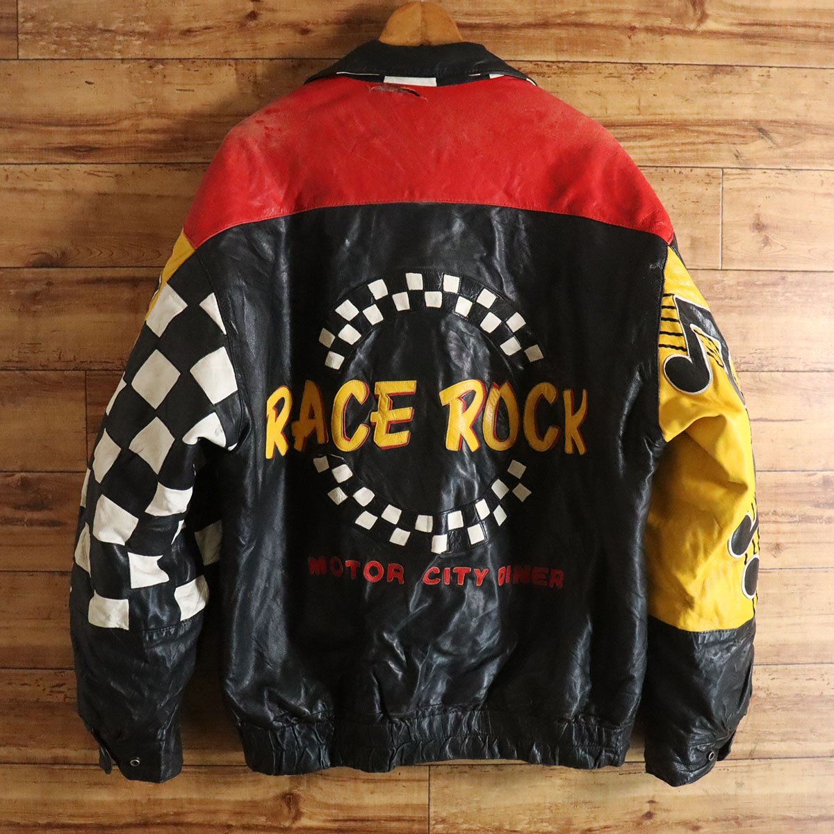 ？2S/Y6.27-5　90年代　RACE ROCK　オールレザースタジャン　本革　レーシング　レザージャケット　チェッカー　L　アウター　ヴィンテージ_画像1