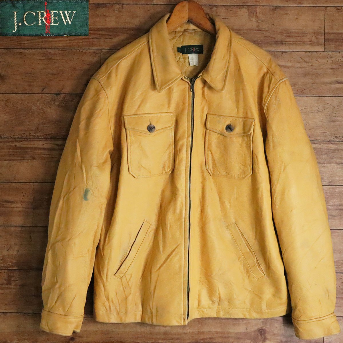 H3S/s8.8-1　J.CREW　ジェイクルー　シングルライダース　本革　レザージャケット　革ジャン　皮ジャン　バイカー　L　イエロー系　古着_画像1