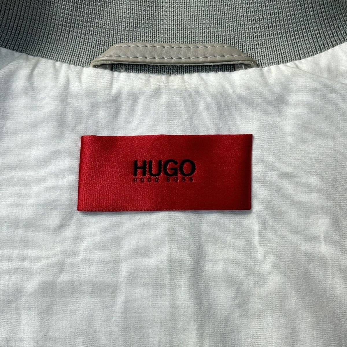 美品/M〜L相当★ヒューゴボス/HUGO BOSS 袖パンチング加工 子牛革 レザーフライトジャケット MA-1 ブルゾン 赤タグ メンズ グレー_画像7