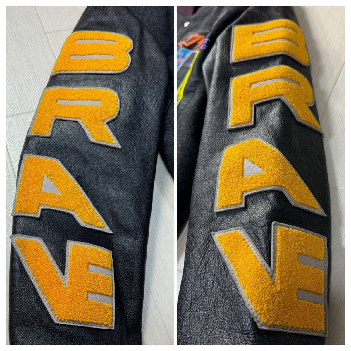 希少/L相当★ディーゼル/DIESEL 袖ワッペン刺繍 BRAVE デカロゴプリント ツイードウール コンビスタジャン 牛革 レザージャケット MA-1 黒_画像5