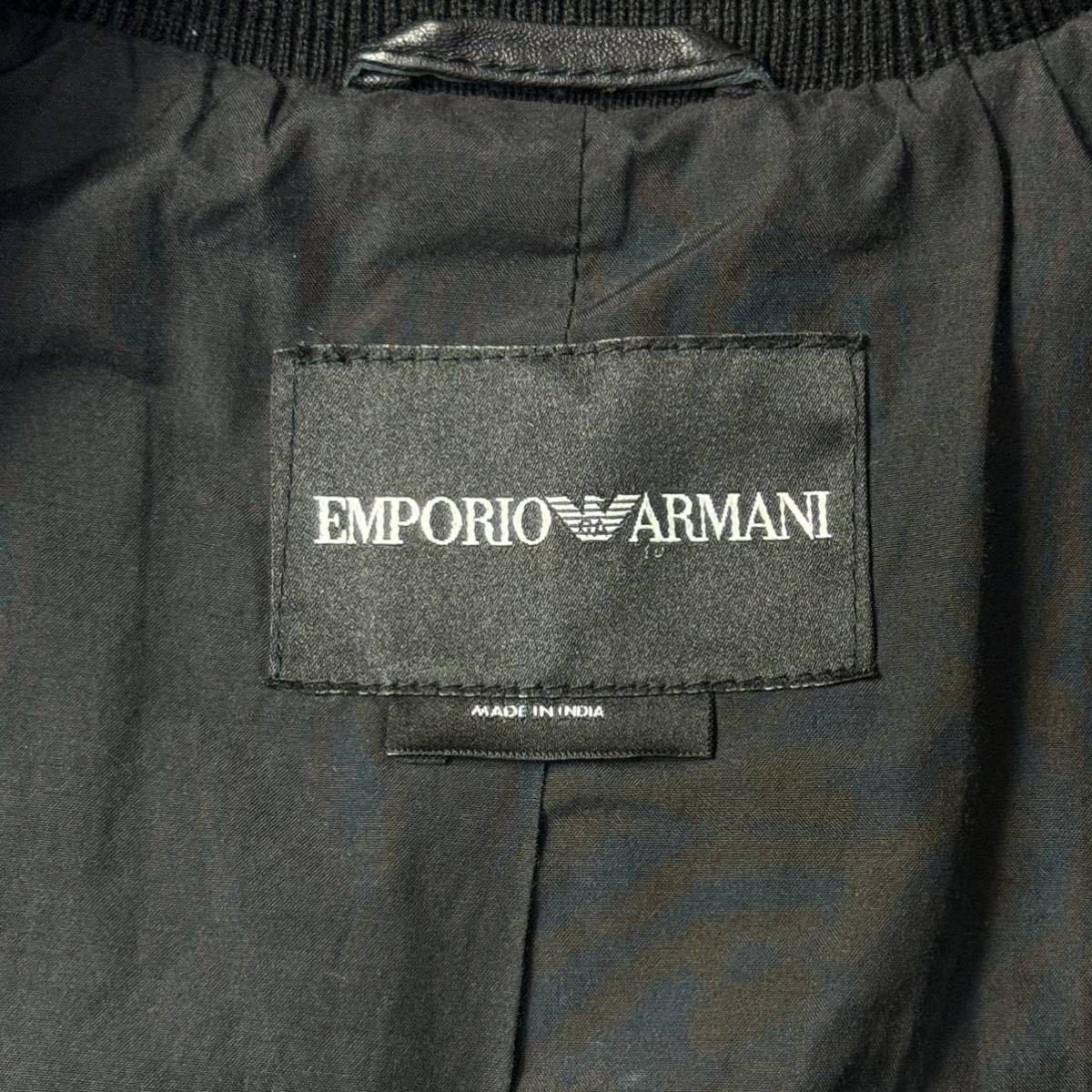 美品/50 L-XL相当★アルマーニ/EMPORIO ARMANI 袖赤白ライン ストライプ 羊革 レザージャケット ライダース 白パッチワーク メンズ 黒_画像7