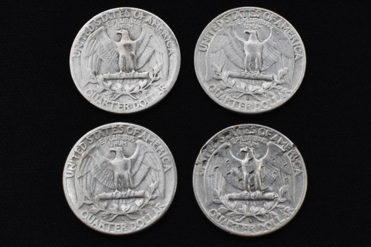  原文:アメリカ ワシントン 25セント銀貨　4枚　1945～1958年　クォーターダラー　比重値確認済み