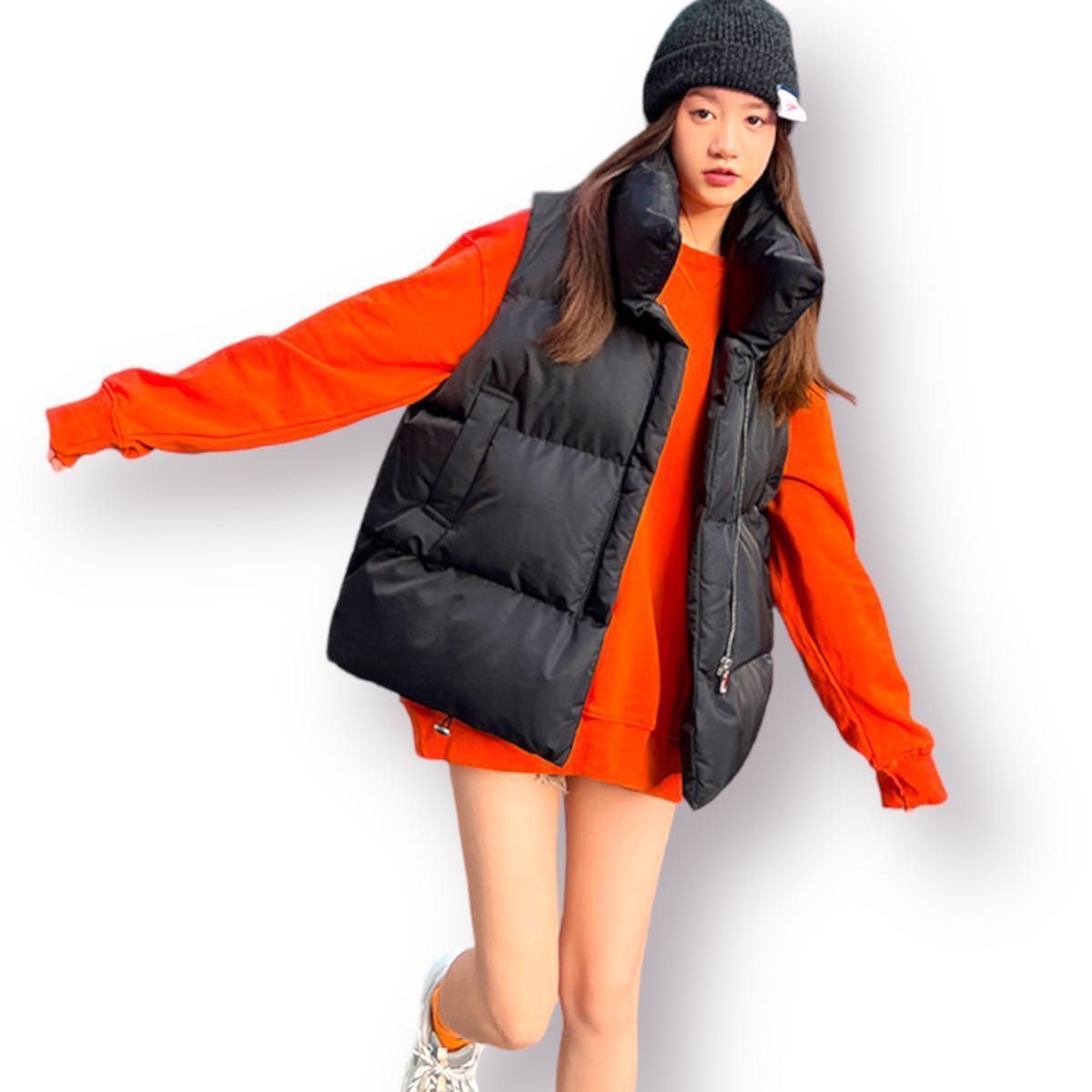 中綿ダウンベスト XLサイズ ブラック 韓国系ファッション ゆったりサイズ 着痩せ効果抜群体型カバー