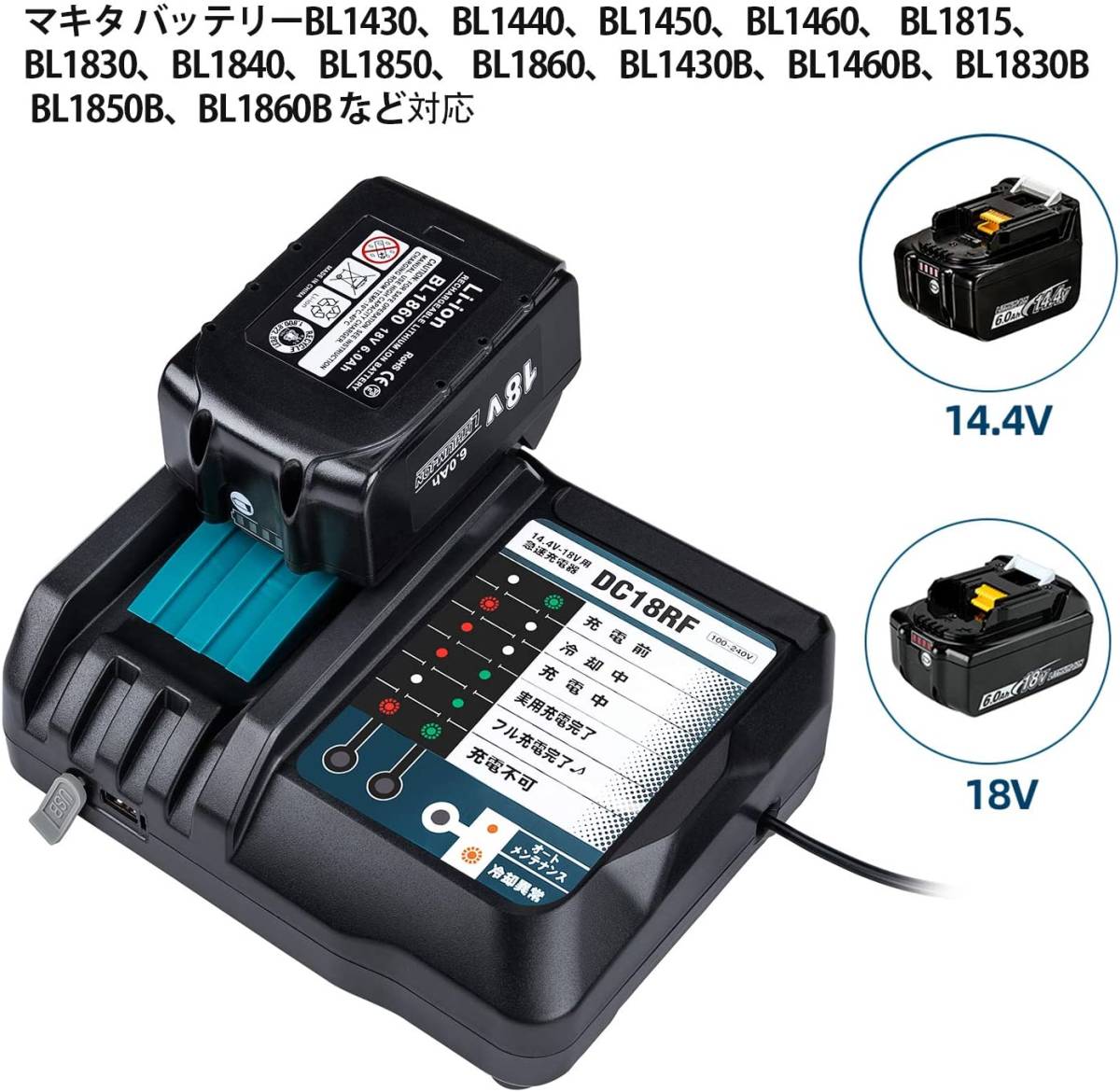 (B) マキタ makita 充電器 互換 DC18RF 急速充電器 14.4V 18V チャージャー BL1430B BL1460B BL1830B BL1850B BL1860B DC18RC DC18RD_画像3