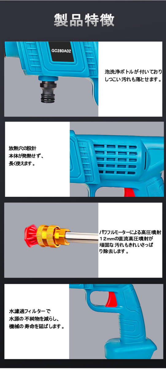 (A) makita 互換 マキタ 高圧洗浄機 ブルー コードレス 充電式 無線 ハンディウォッシャー タンクレス 洗車 電動 洗浄機 マキタバッテリー_画像6