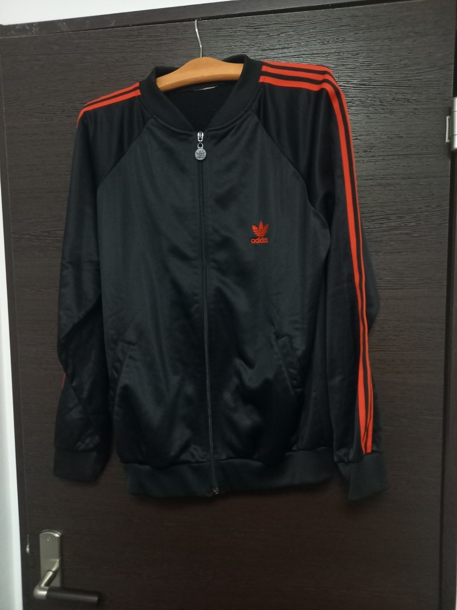 希少ビッグサイズXL相当　アディダス 80s～90s ビンテージ ジャージ 黒×赤 adidas トレフォイル　トラック　ジャケット　USA古着　atp _画像1