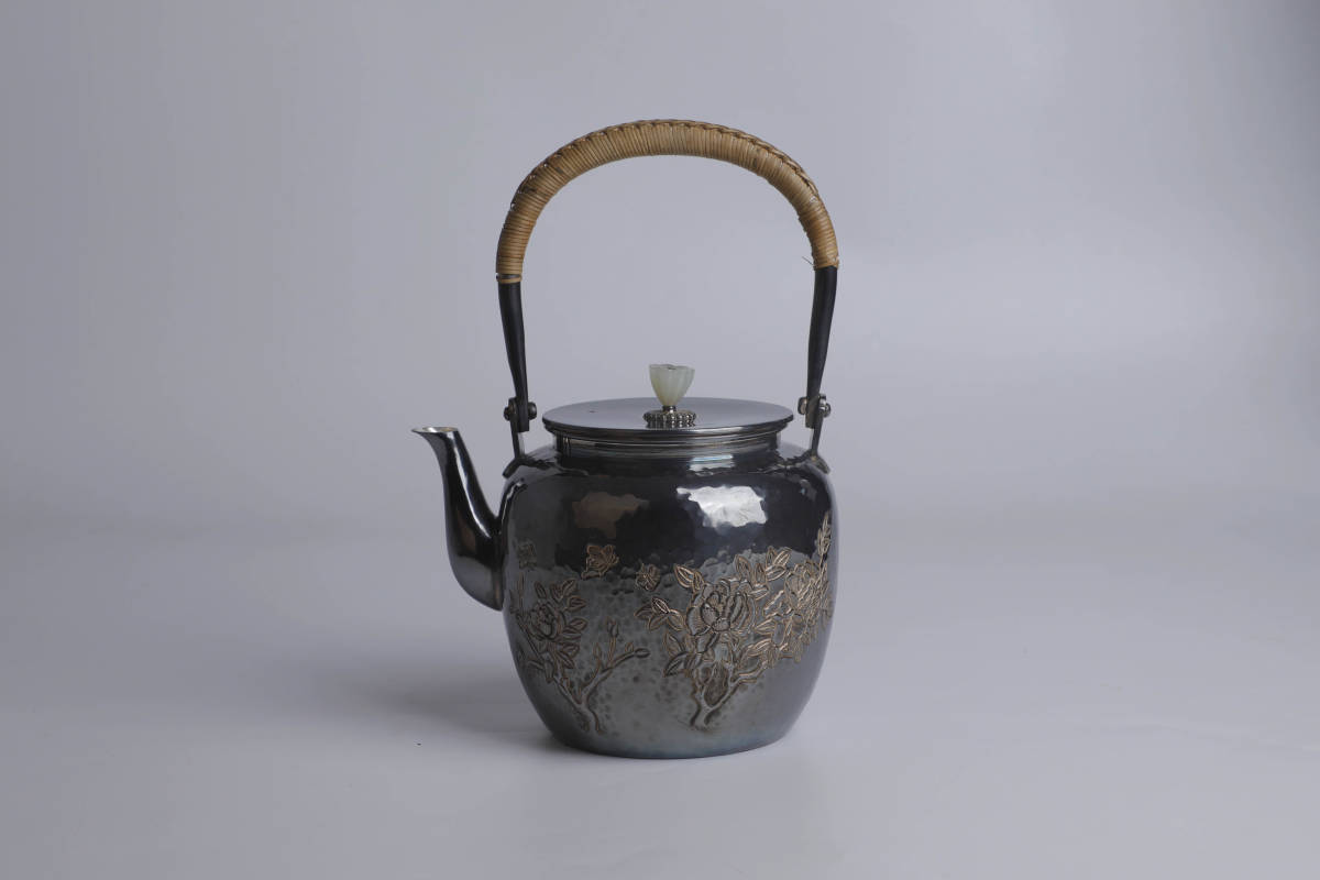 純銀保証 中川浄益造 梅蘭竹菊彫 玉石摘 湯沸 銀瓶 時代物 古美術品 煎茶道具