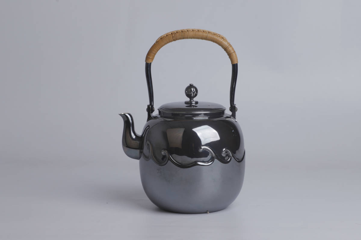 純銀保証 北村静香造 波模様 薬罐形 湯沸 銀瓶 純銀製 時代物 古美術品 煎茶道具