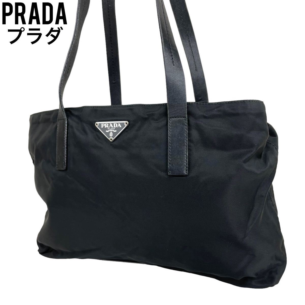 美品　PRADA プラダ　トートバッグ　ブラック　黒　ポコノ　肩掛け　白タグ　ハンドバッグ　ショルダーバッグ　手提げ　三角プレート