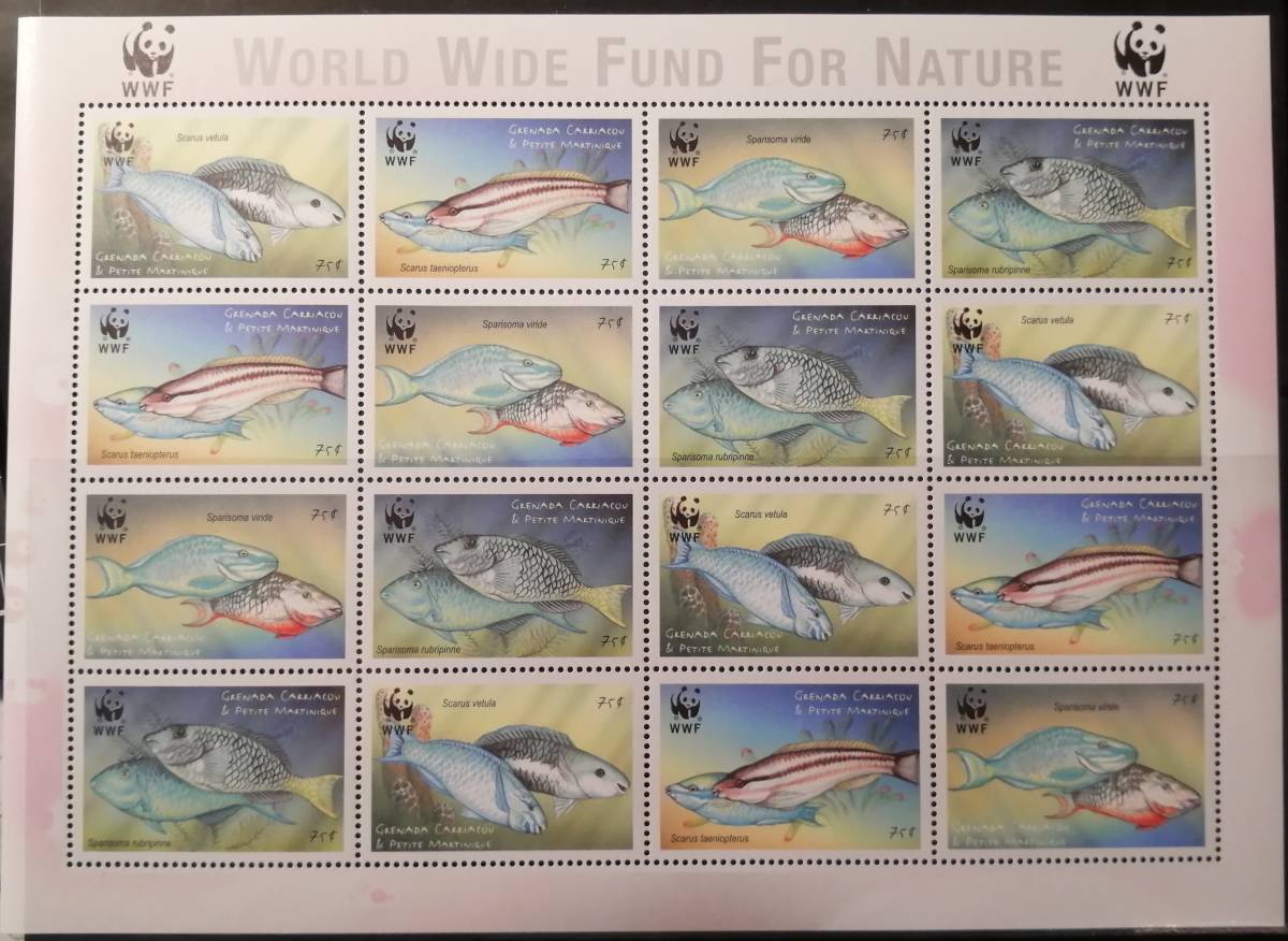 グレナダ・カリアクー 魚(WWF)(4種(16枚)シート) MNH_画像1