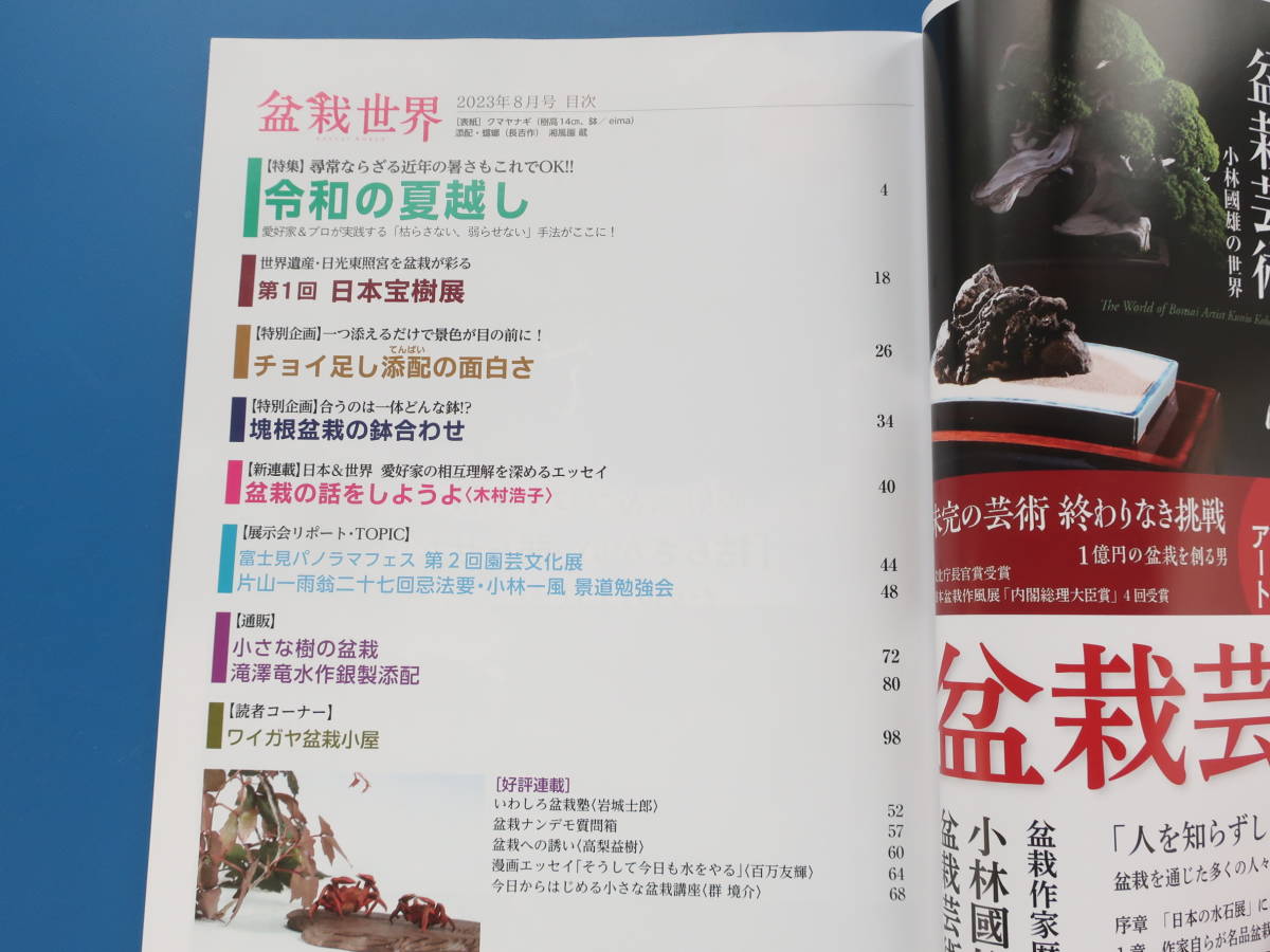 盆栽世界 2023年8月号/特集:令和の夏越し愛好家プロが実践する枯らさない弱らせない手法解説資料/チョイ足し添配の面白さ/塊根盆栽鉢合わせ_画像2